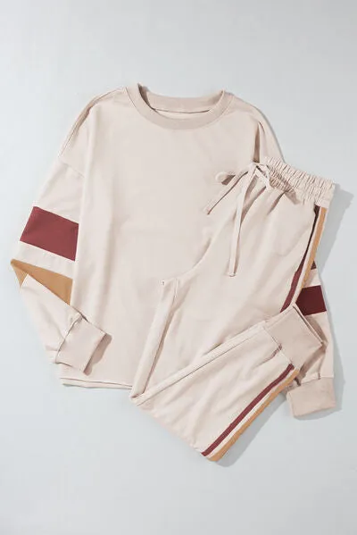 Logan Striped Round Neck Sweatshirt and Drawstring Joggers Set
