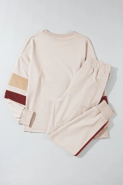 Logan Striped Round Neck Sweatshirt and Drawstring Joggers Set