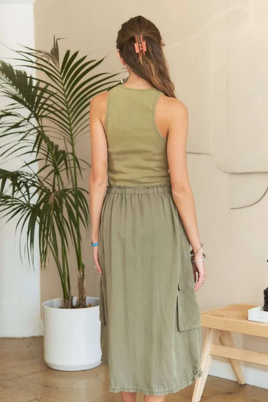 Lt. Olive Drawstring Sleeveless Washed Dress