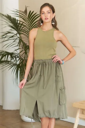 Lt. Olive Drawstring Sleeveless Washed Dress