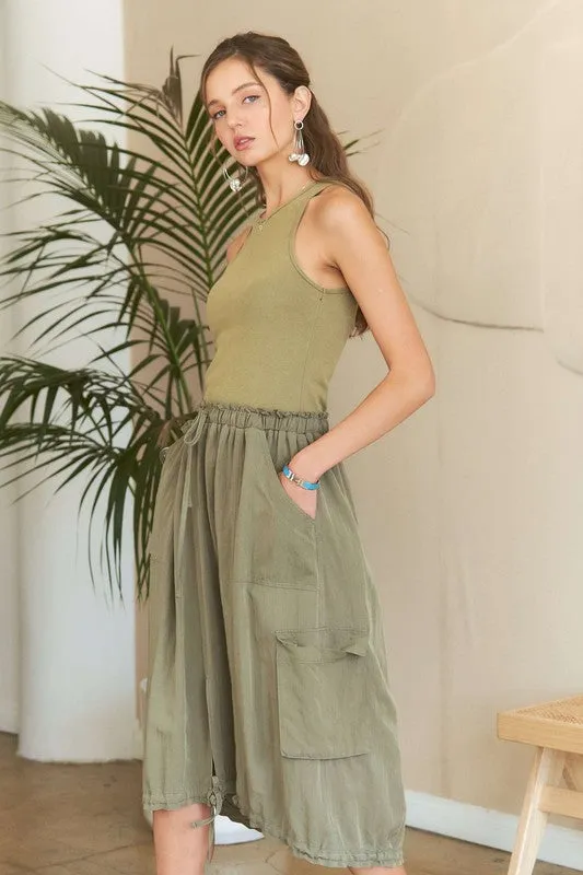 Lt. Olive Drawstring Sleeveless Washed Dress