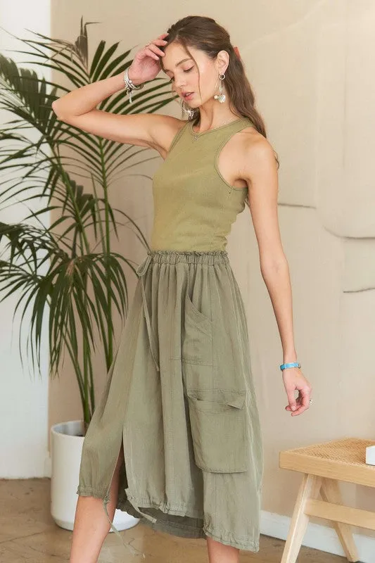 Lt. Olive Drawstring Sleeveless Washed Dress