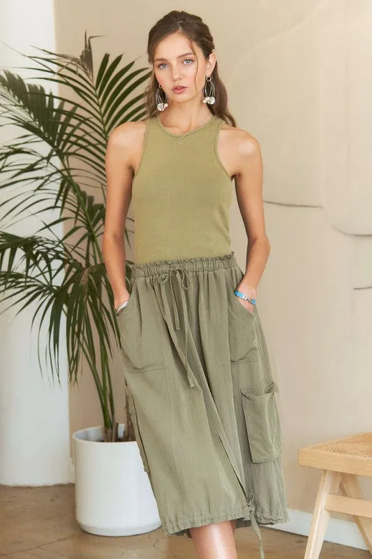Lt. Olive Drawstring Sleeveless Washed Dress