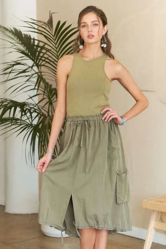 Lt. Olive Drawstring Sleeveless Washed Dress