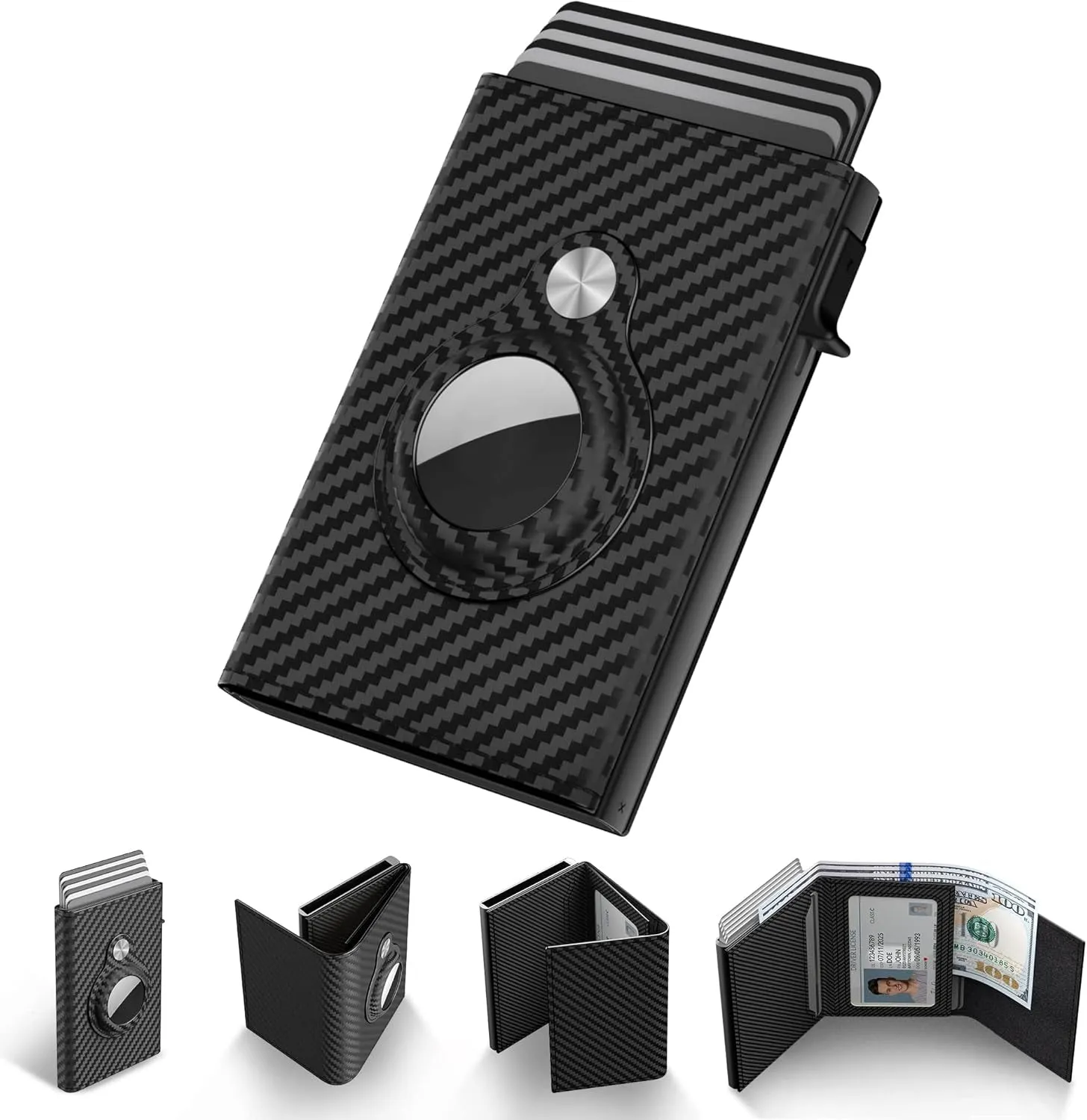 Mens Carbon Fiber Pop-Up Wallet with Apple AirTag Holder