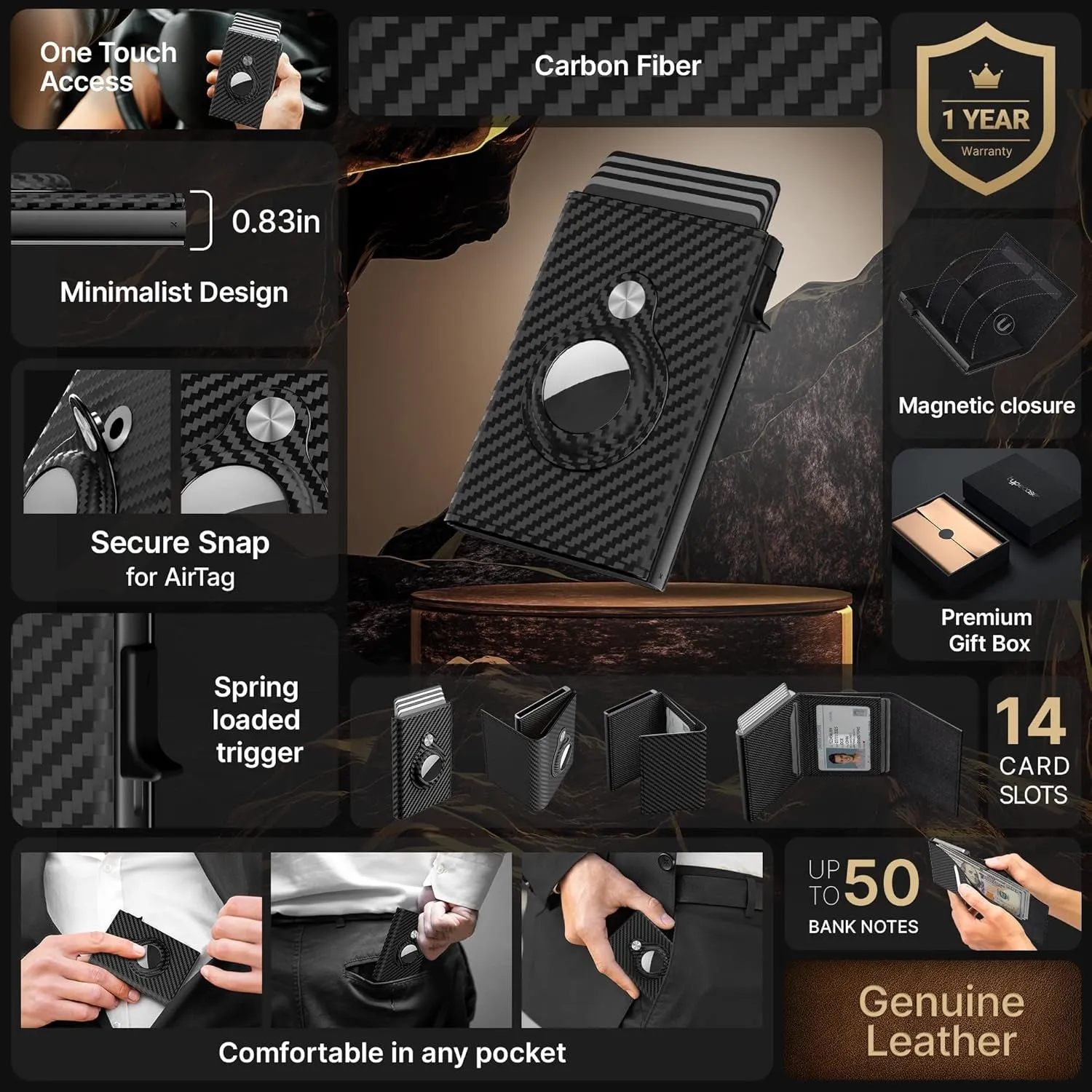 Mens Carbon Fiber Pop-Up Wallet with Apple AirTag Holder