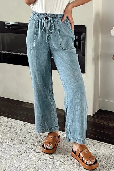 Mineral Wash Drawstring Waist Straight Jeans