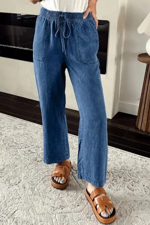 Mineral Wash Drawstring Waist Straight Jeans