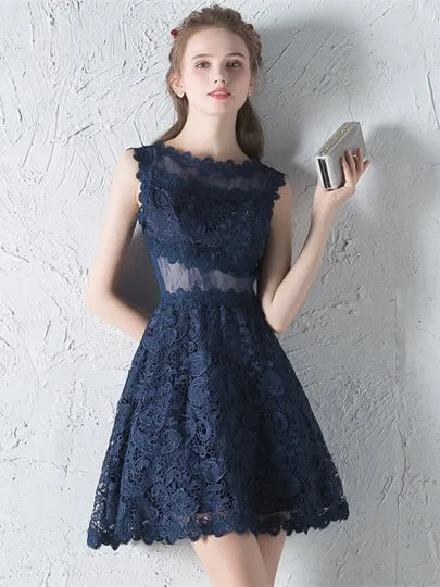 Navy Blue  Lace A-Line Scoop Short Homecoming Dress