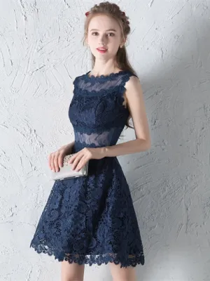 Navy Blue  Lace A-Line Scoop Short Homecoming Dress
