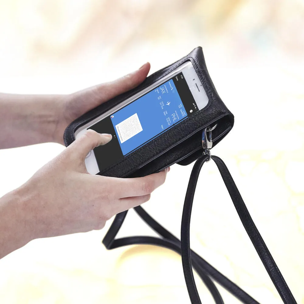 New in Package! As Seen on TV, RFID Blocking Black Vegan Leather Crossbody Touchscreen Purse! Talk, Scroll, Scan or Text! Also holds keys, cash, cards & more! Retails $60 