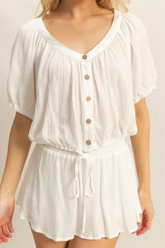 Off White Drawstring Hem Short Sleeve Top and Skort Set