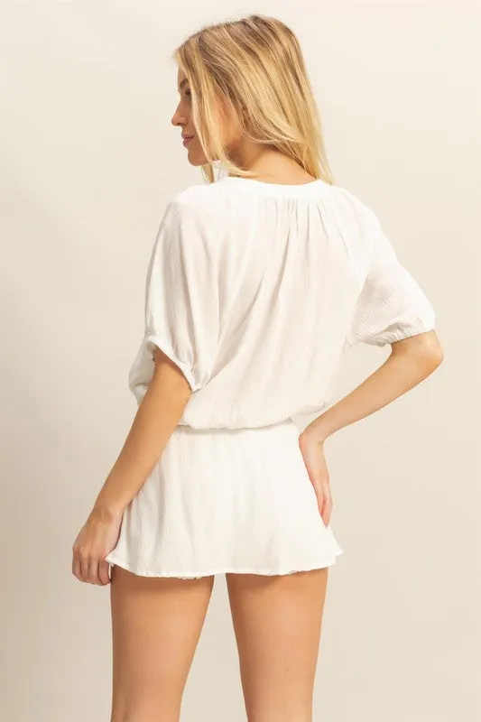 Off White Drawstring Hem Short Sleeve Top and Skort Set