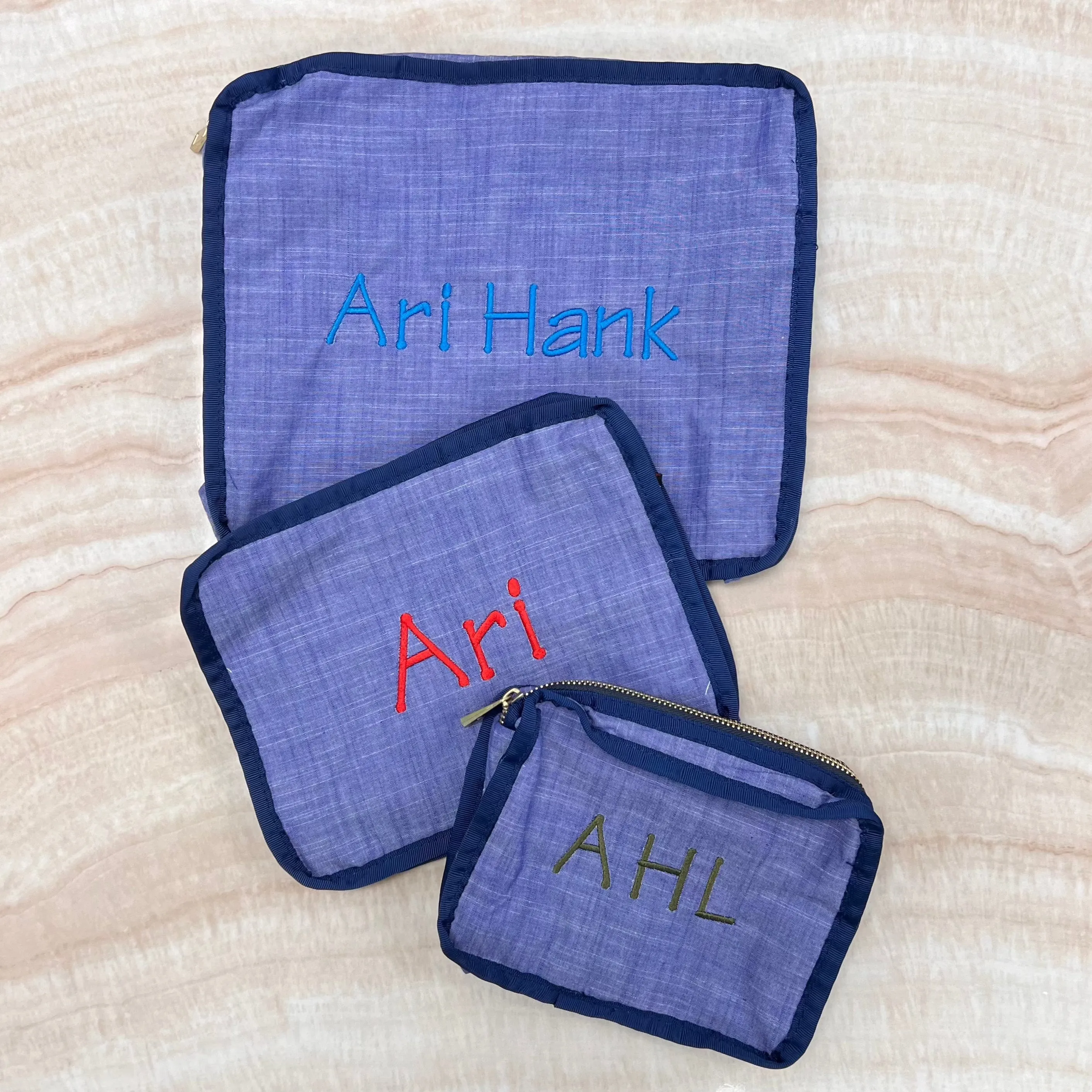 Personalized Chambray Blue Navy Organizing Trio