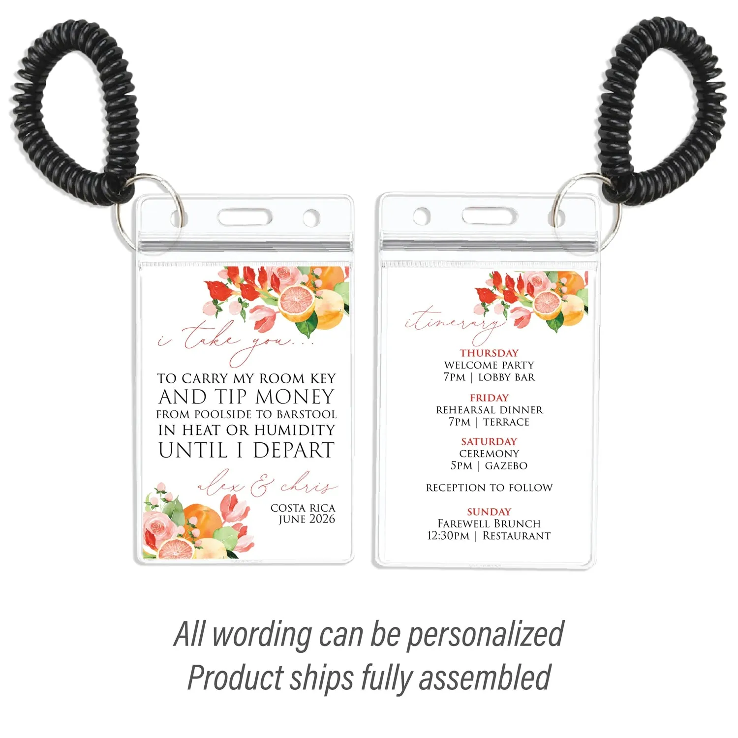 Personalized Destination Wedding Room Key Holder and Itinerary - Citrus Bouquet