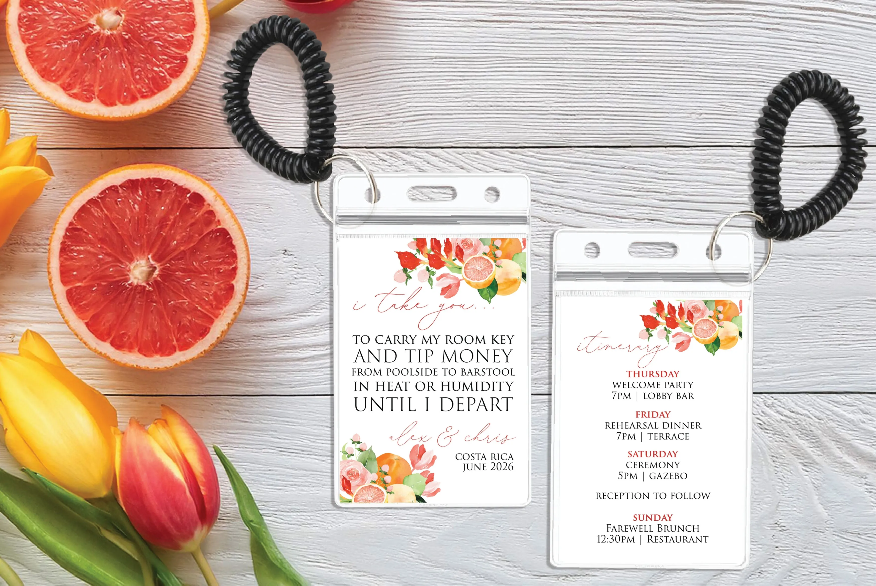 Personalized Destination Wedding Room Key Holder and Itinerary - Citrus Bouquet