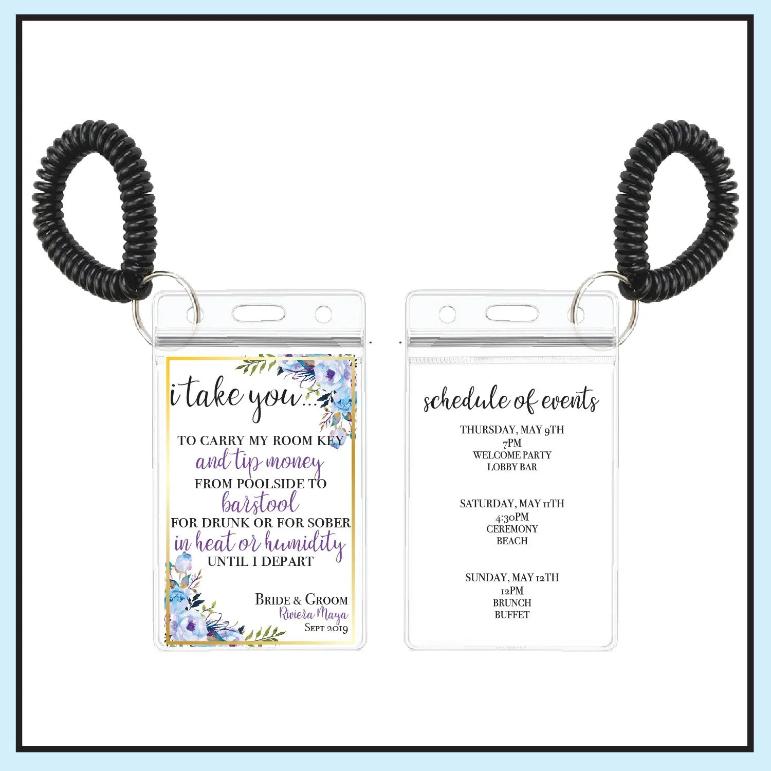 Personalized Destination Wedding Room Key Holder and Itinerary - Floral