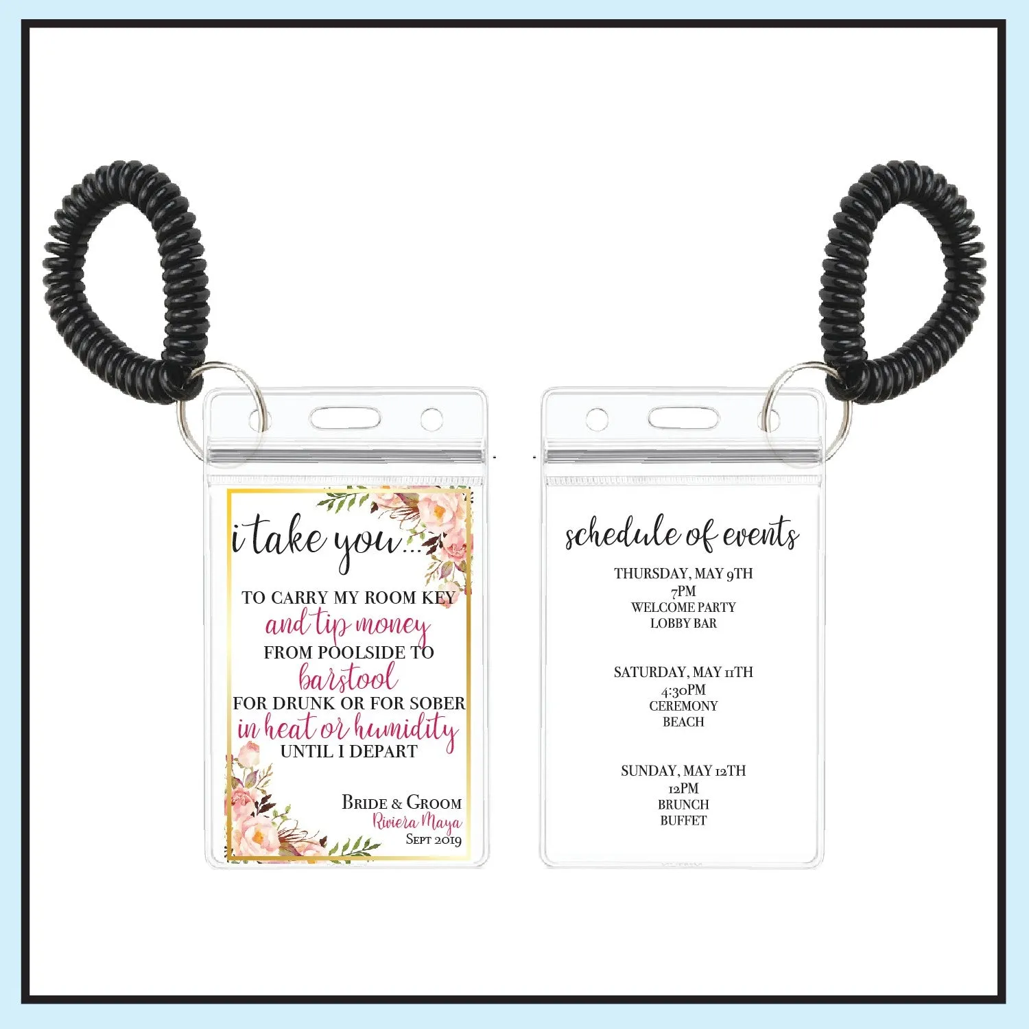 Personalized Destination Wedding Room Key Holder and Itinerary - Floral