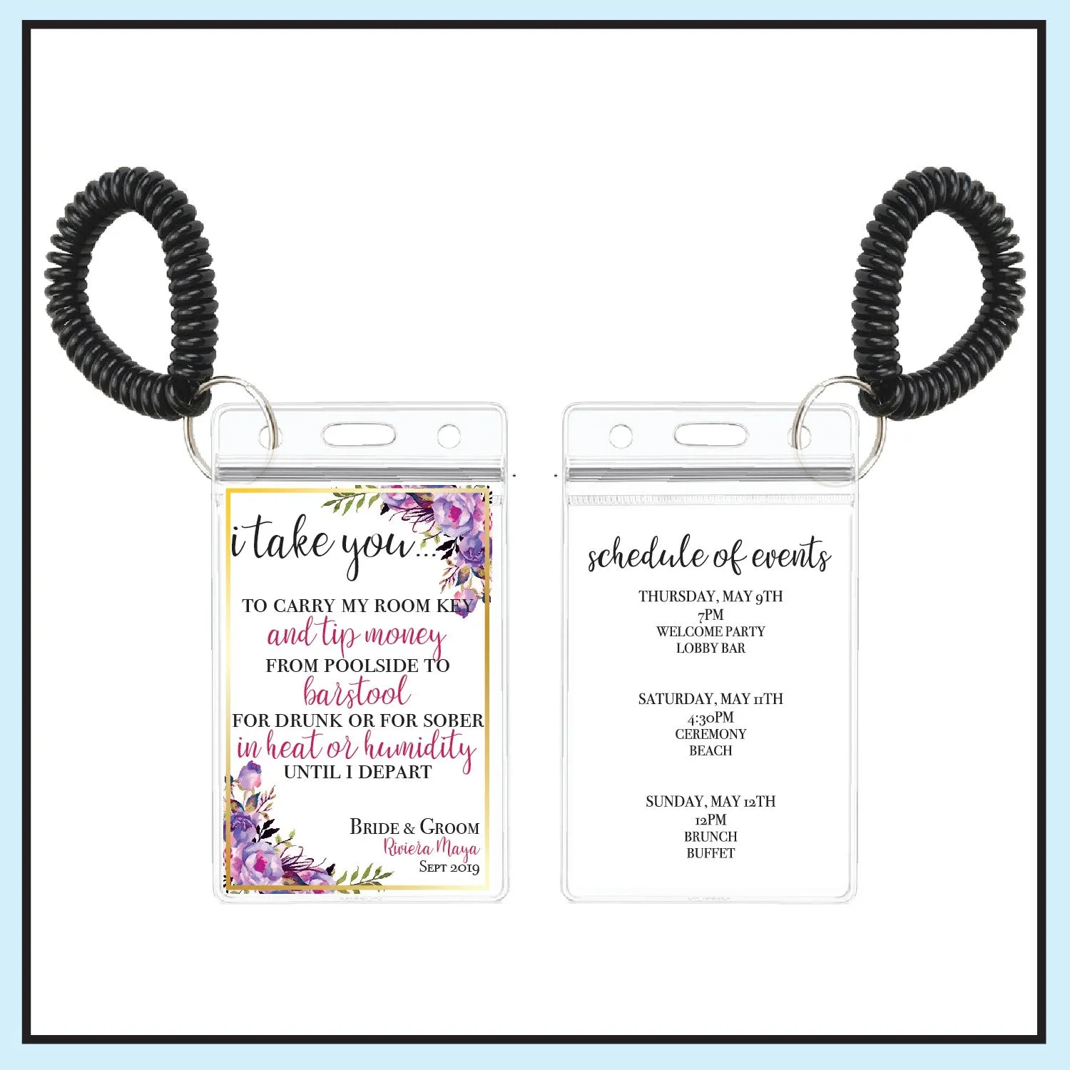 Personalized Destination Wedding Room Key Holder and Itinerary - Floral