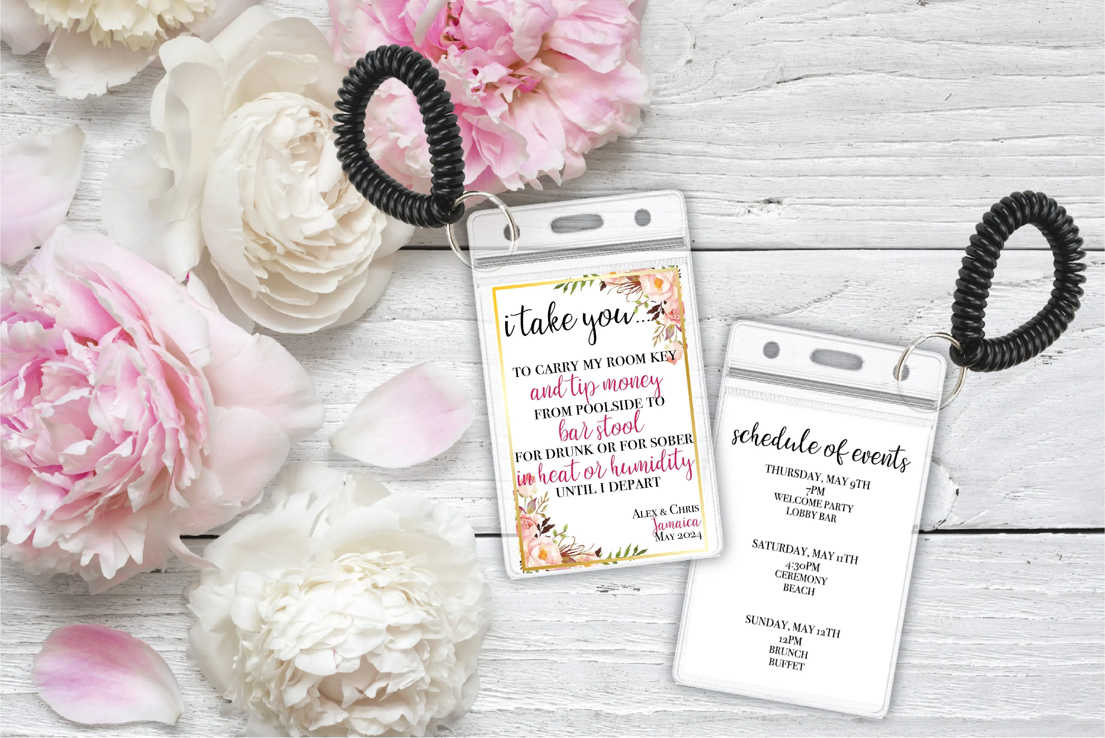 Personalized Destination Wedding Room Key Holder and Itinerary - Floral