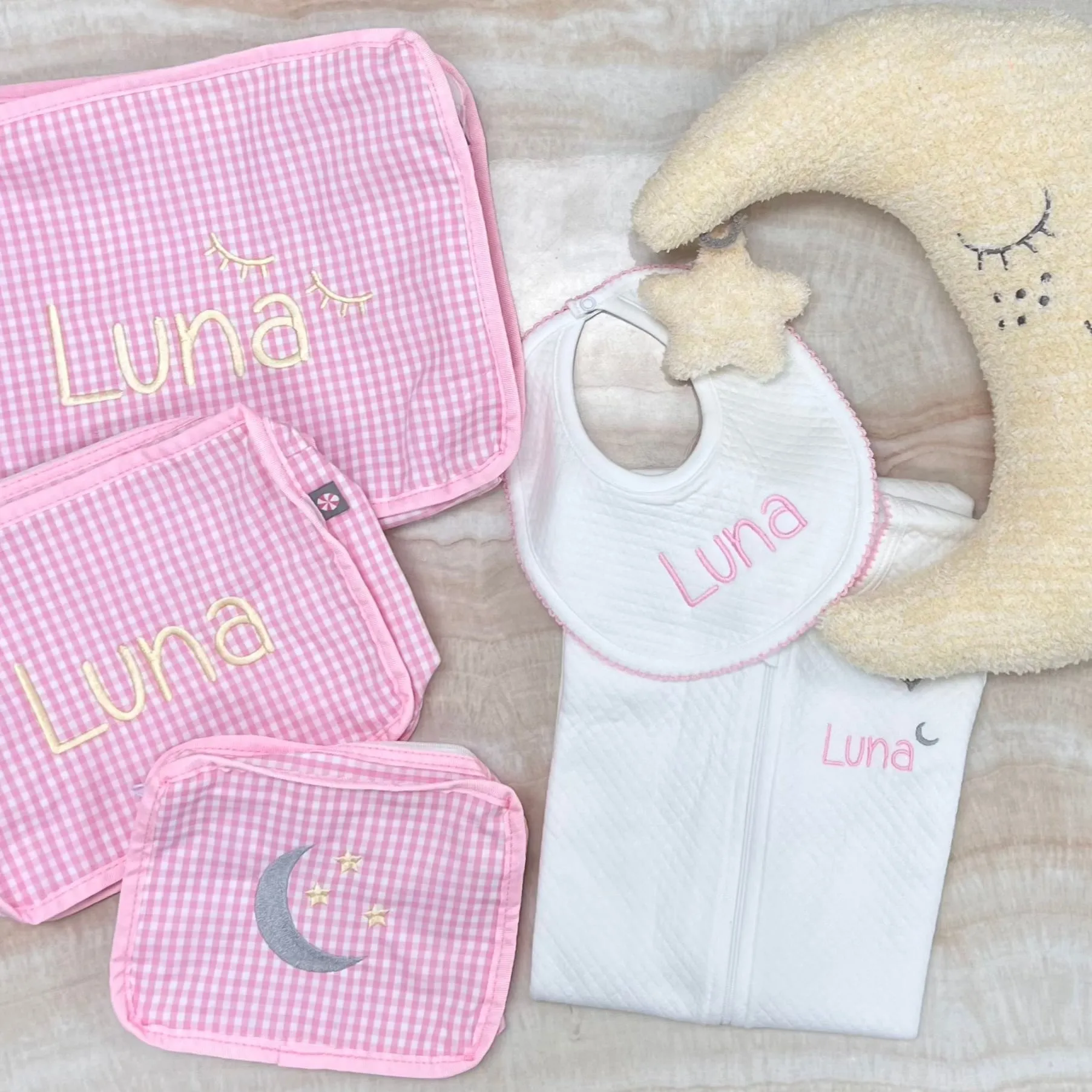 Personalized Gingham Baby Pink Organizing Trio