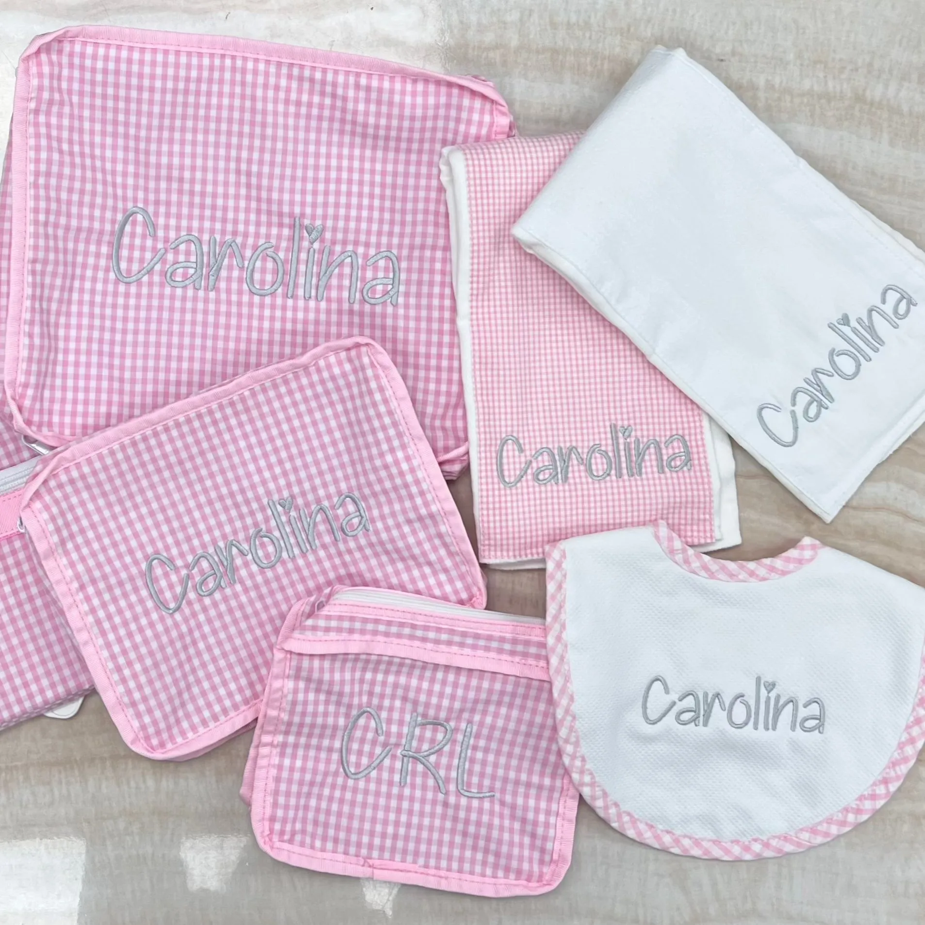 Personalized Gingham Baby Pink Organizing Trio