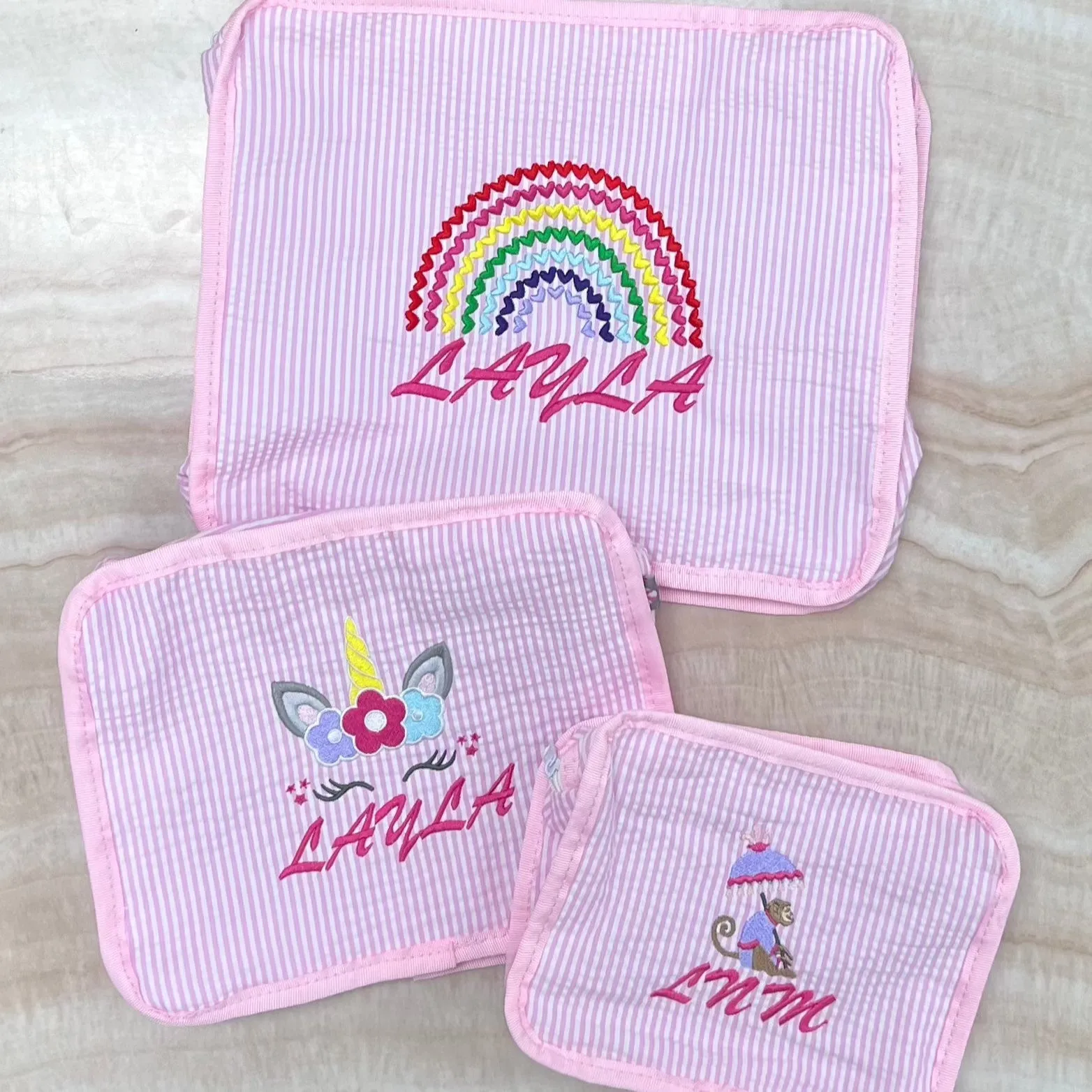 Personalized Seersucker Baby Pink Organizing Trio