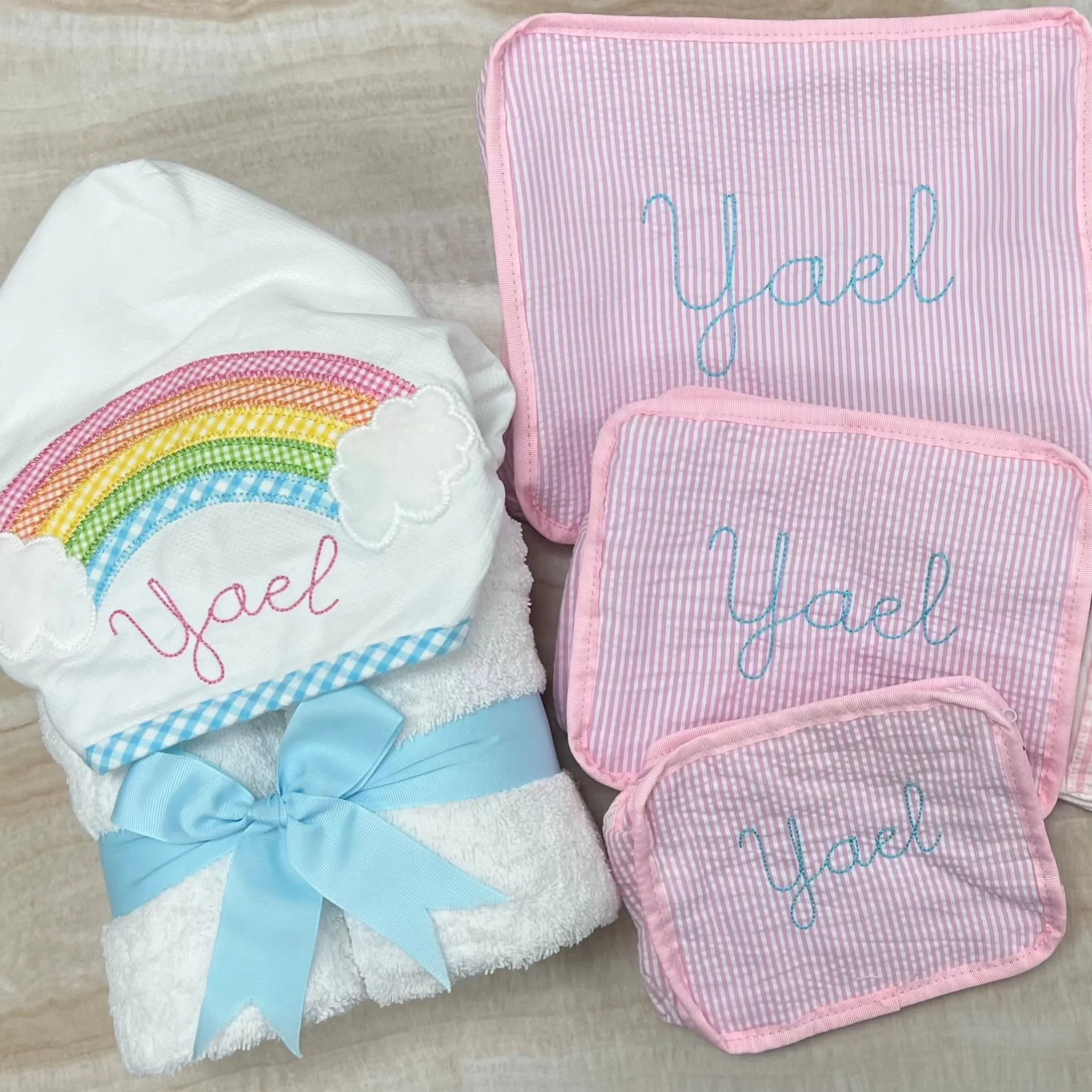 Personalized Seersucker Baby Pink Organizing Trio