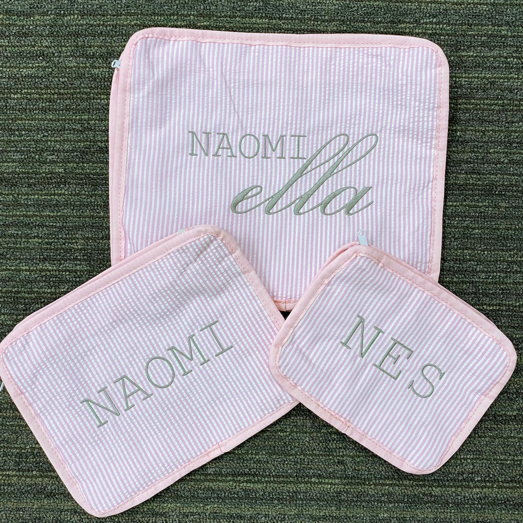 Personalized Seersucker Baby Pink Organizing Trio