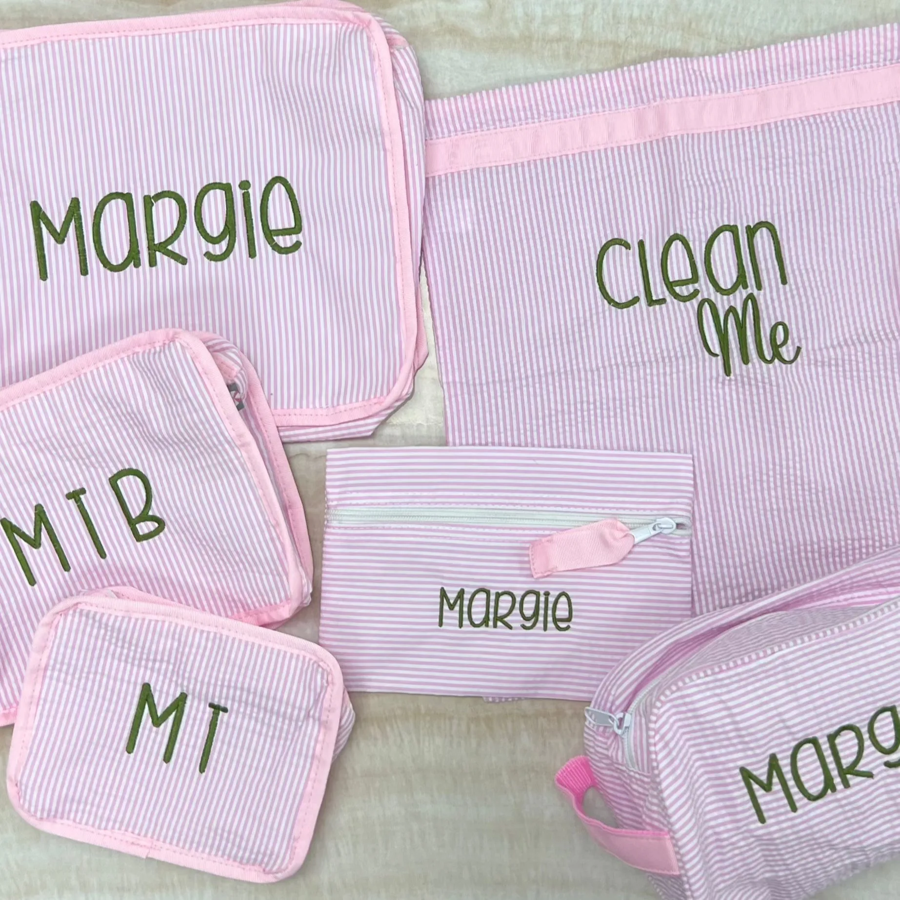 Personalized Seersucker Baby Pink Organizing Trio
