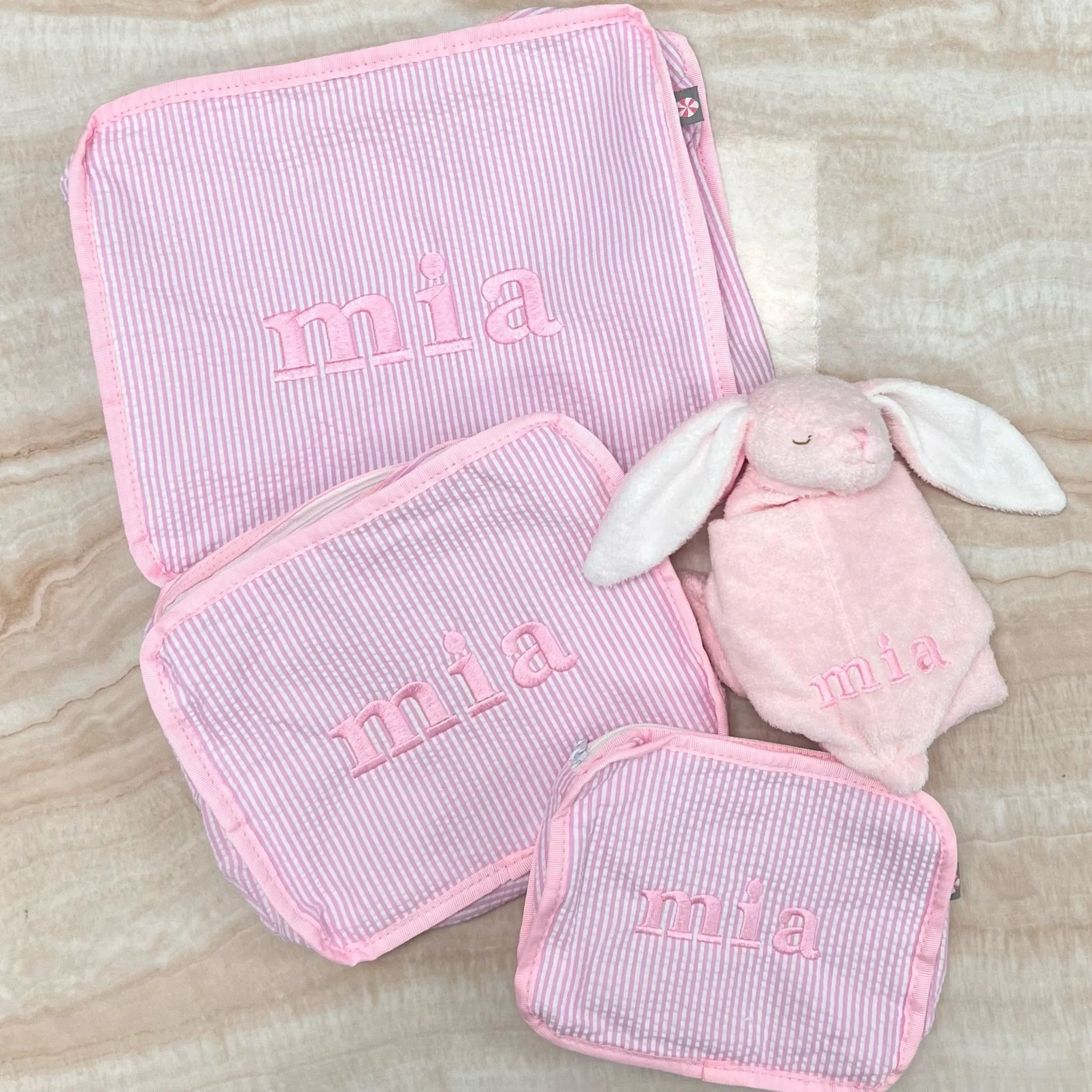 Personalized Seersucker Baby Pink Organizing Trio