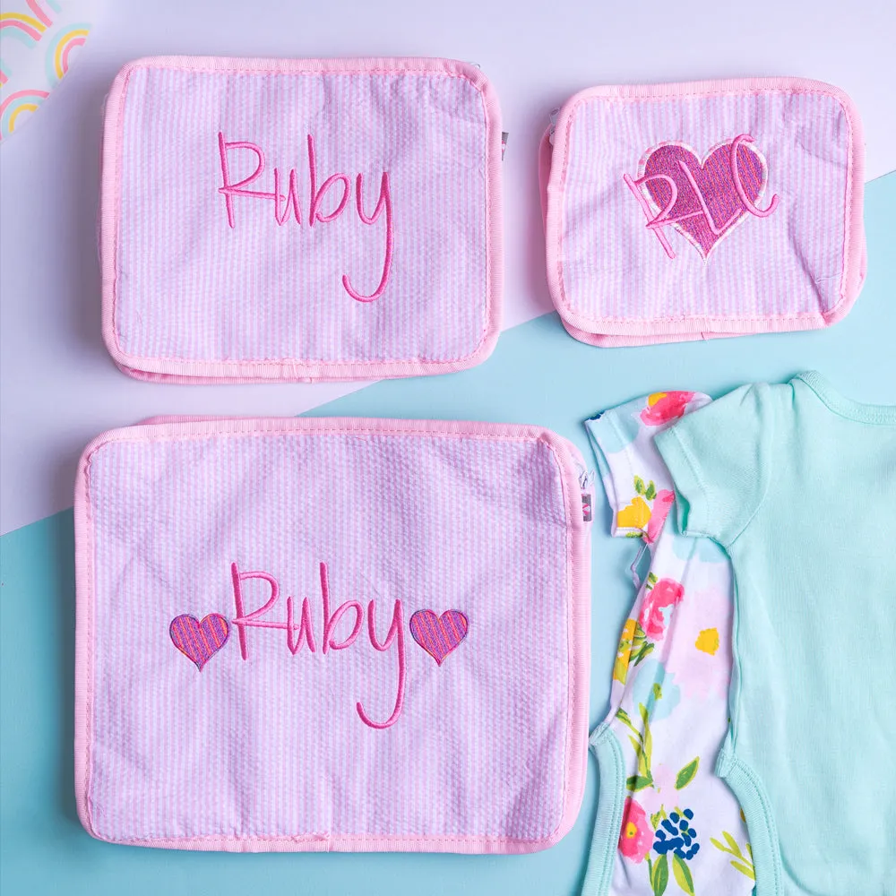 Personalized Seersucker Baby Pink Organizing Trio