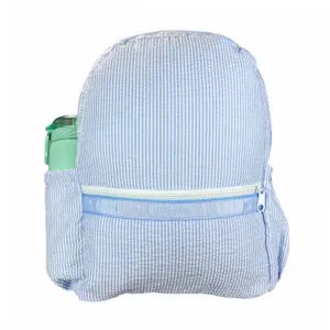 Personalized Seersucker Blue Large Backpack w/Pockets