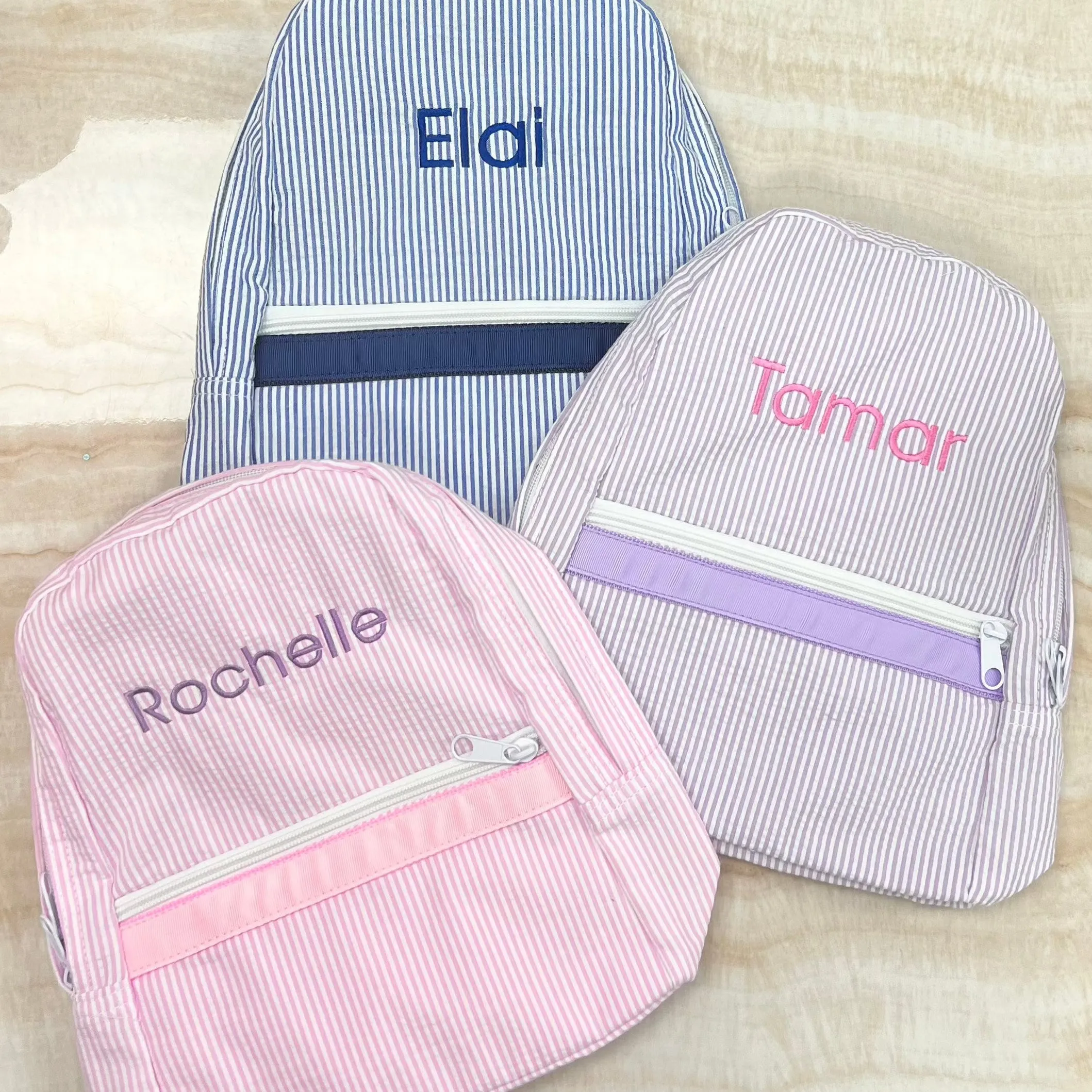 Personalized Seersucker Lilac Large Backpack w/Pockets
