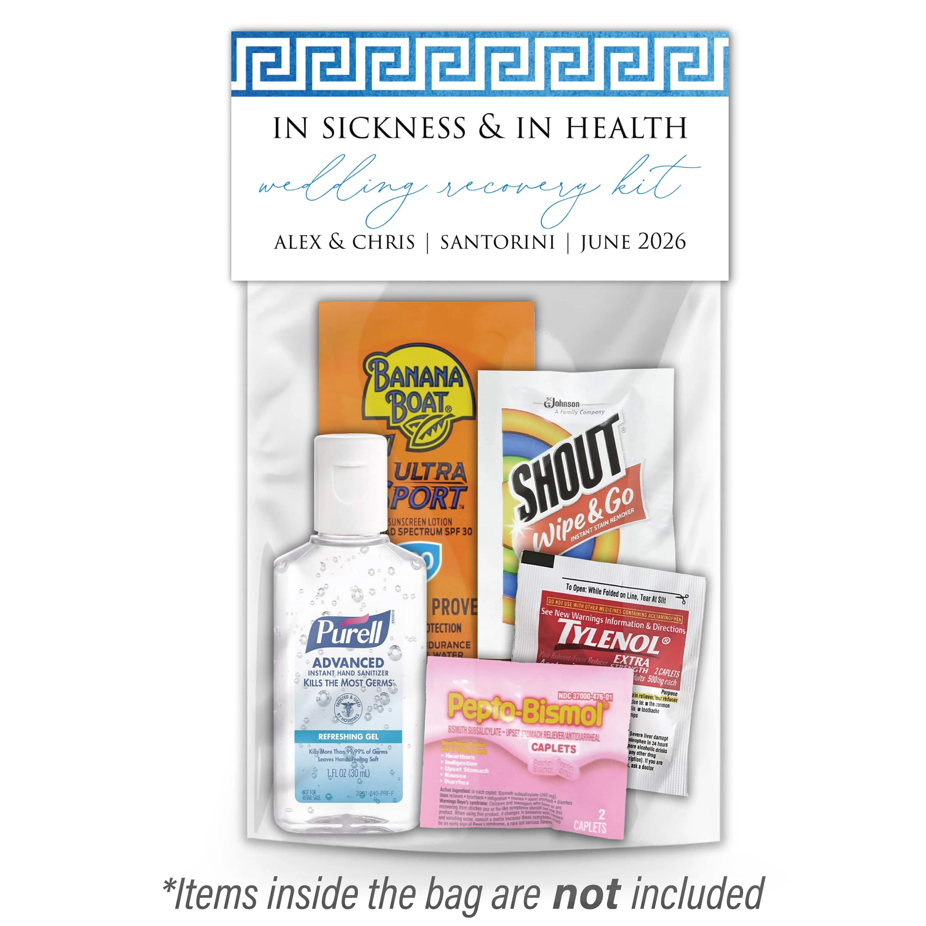 Personalized Wedding Hangover Recovery Kit Bag & Topper - Greece