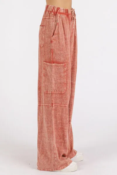 Pink Mineral Wash Drawstring Elastic Waist Pants