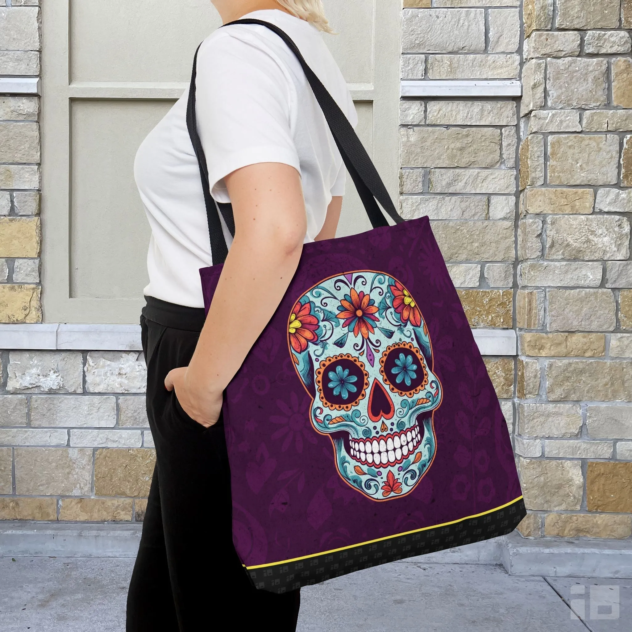 Purple Day of the Dead Sugar Skull Tattoo Tote Bag