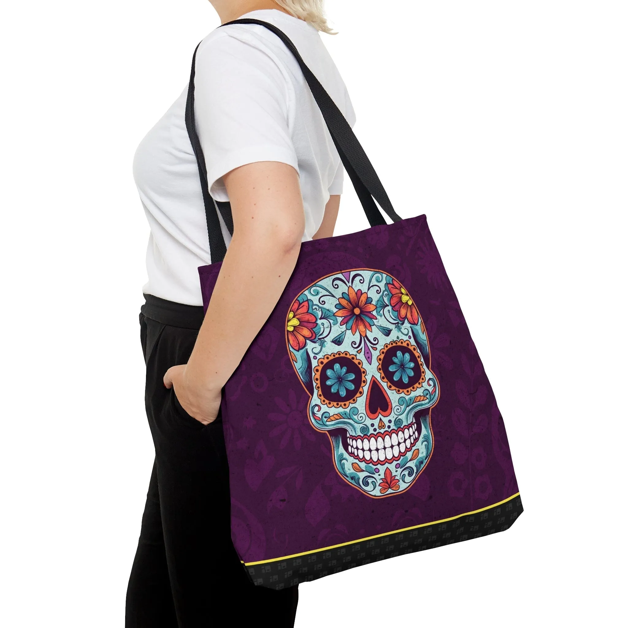 Purple Day of the Dead Sugar Skull Tattoo Tote Bag