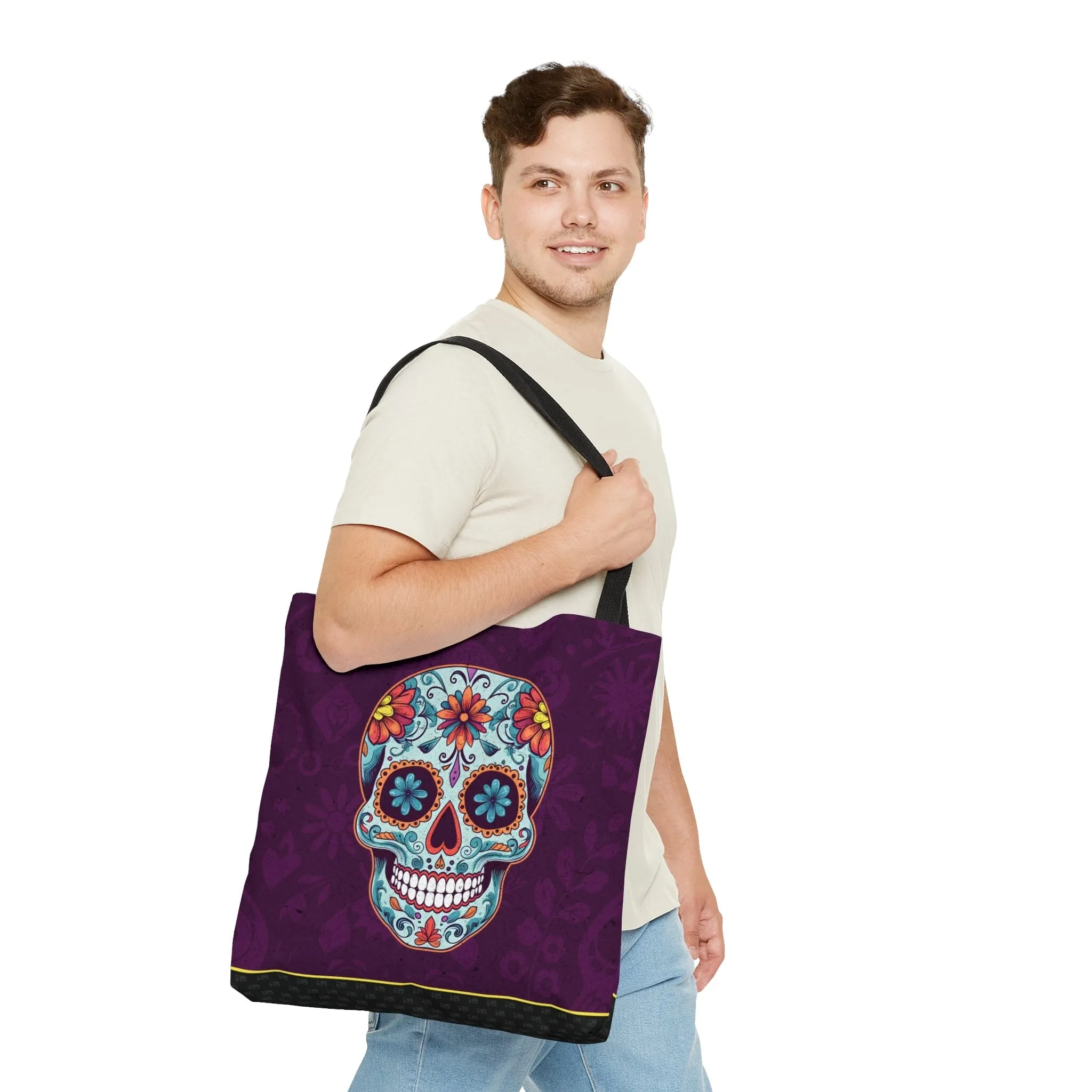 Purple Day of the Dead Sugar Skull Tattoo Tote Bag