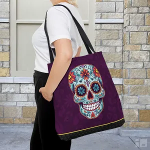 Purple Day of the Dead Sugar Skull Tattoo Tote Bag