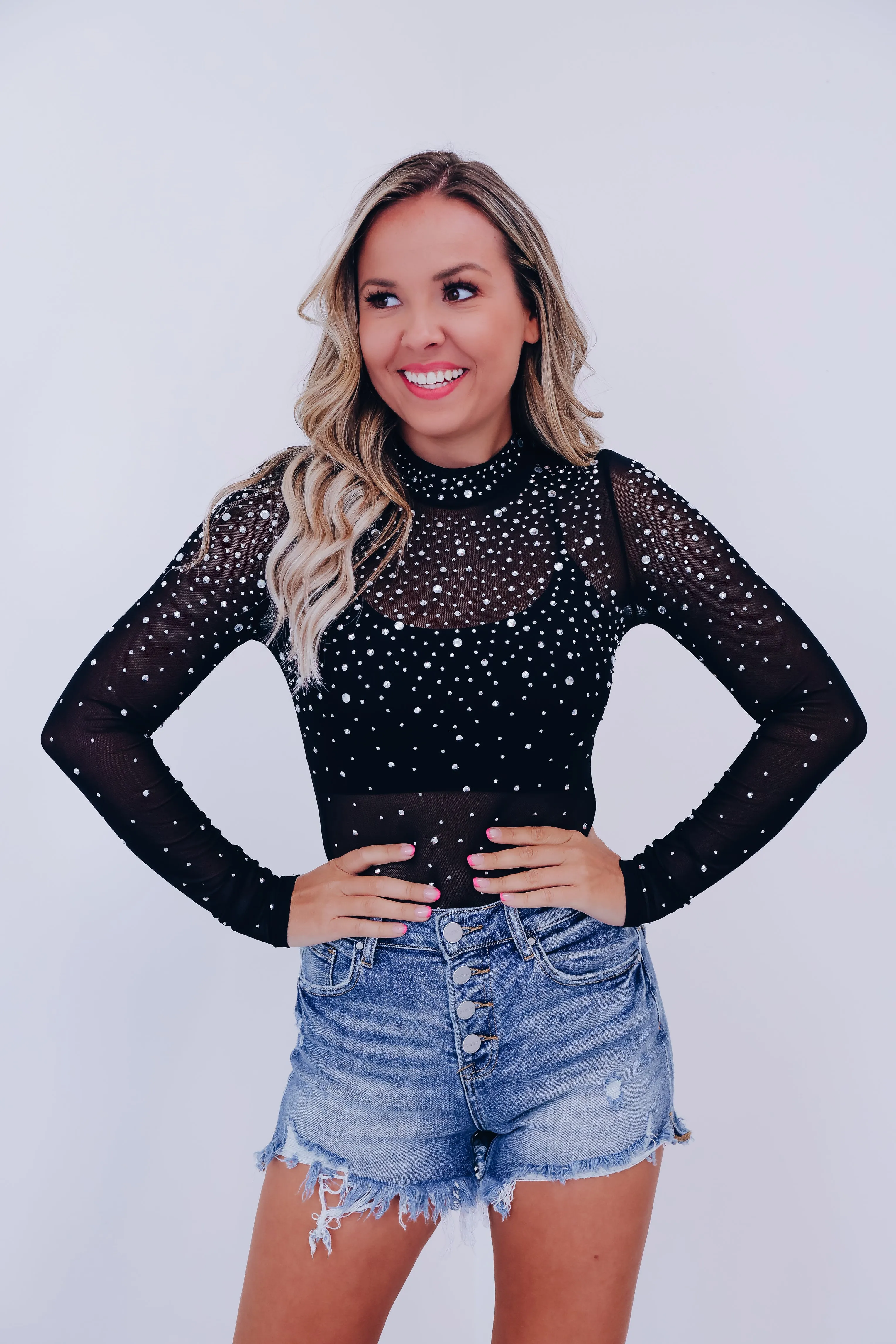 Regal Rhinestone Mesh Bodysuit - Black