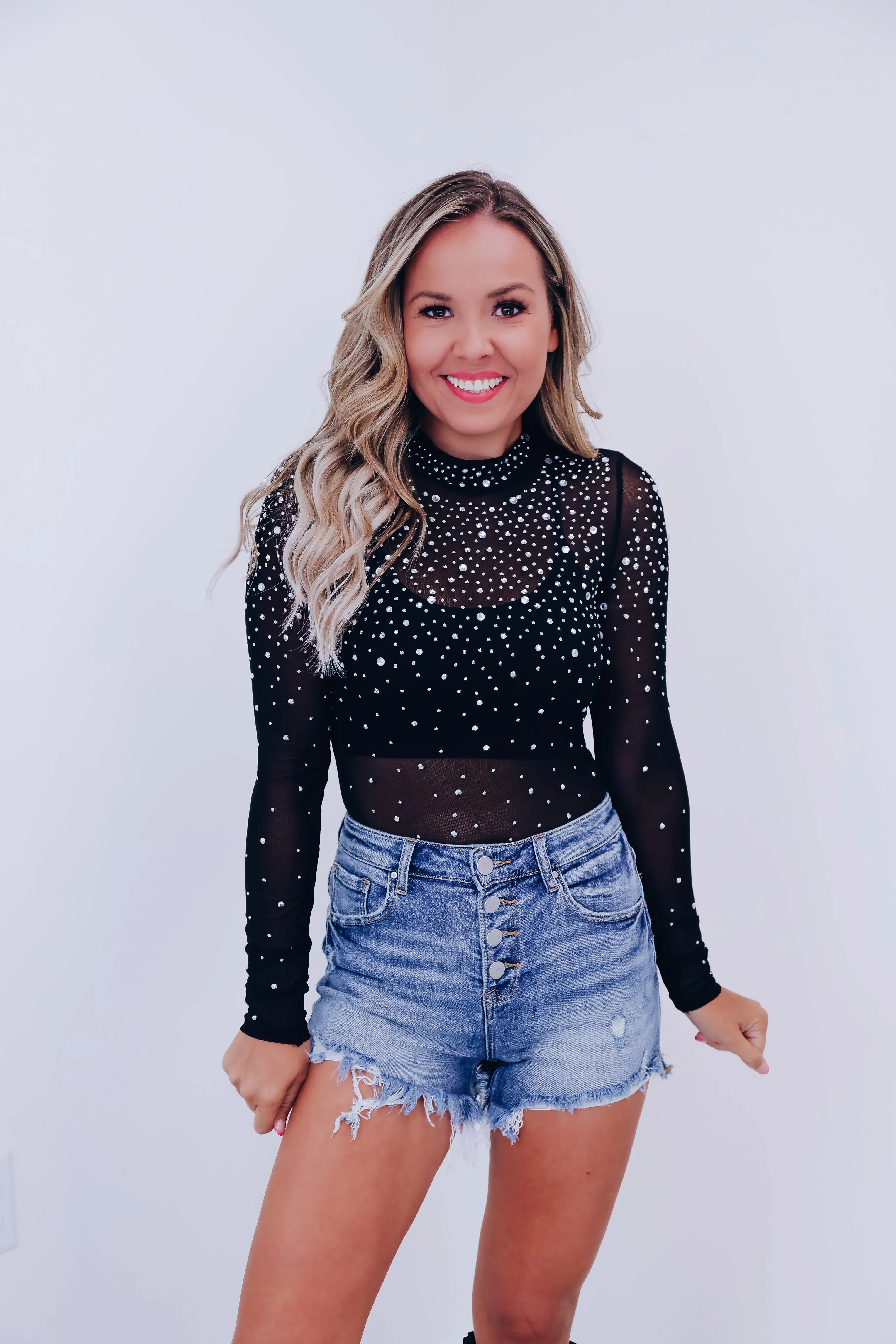 Regal Rhinestone Mesh Bodysuit - Black