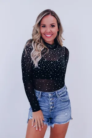 Regal Rhinestone Mesh Bodysuit - Black