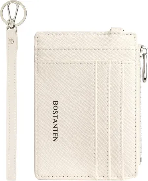 RFID Leather Slim Wristlet Keychain Wallet - Off White