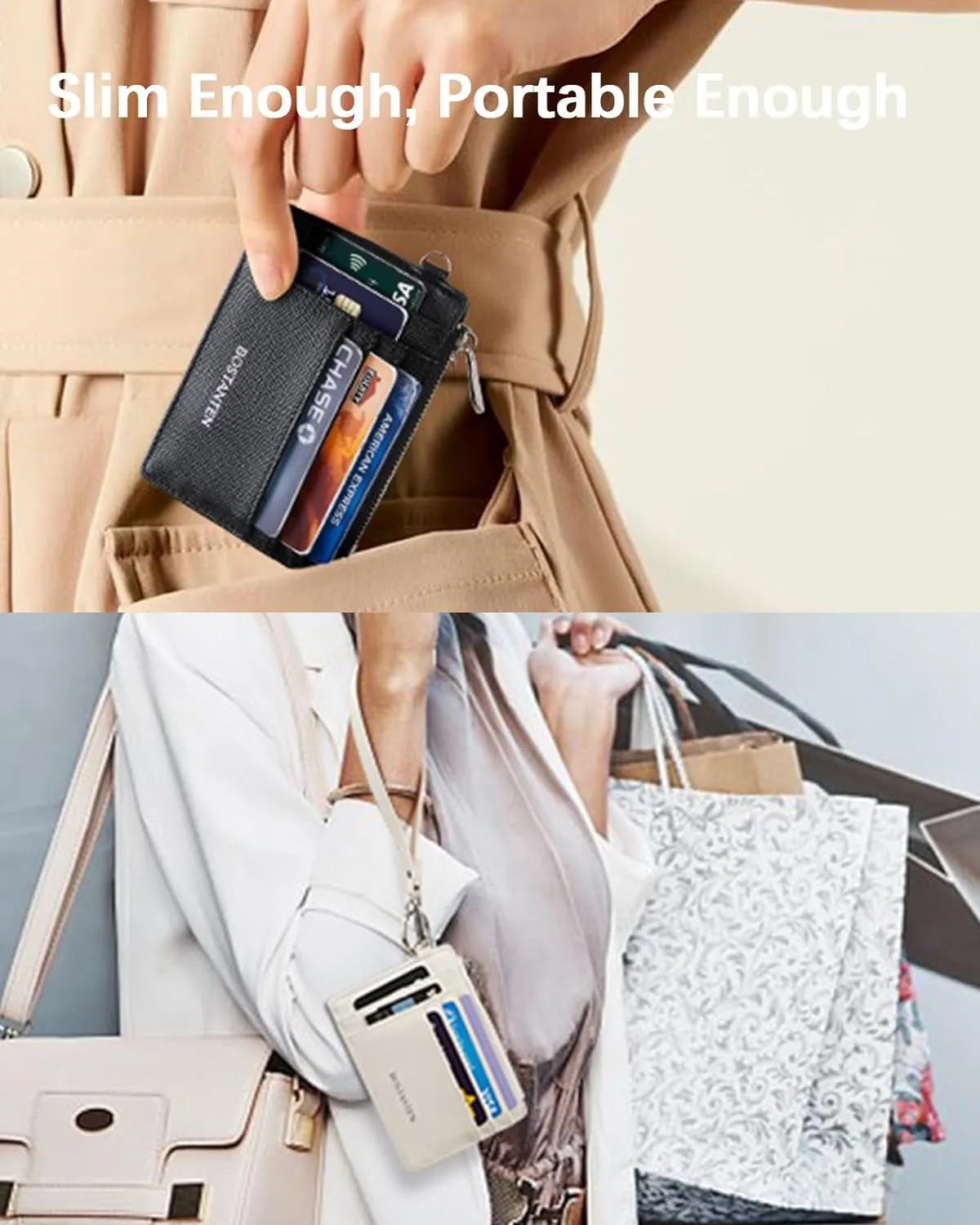 RFID Leather Slim Wristlet Keychain Wallet - Off White