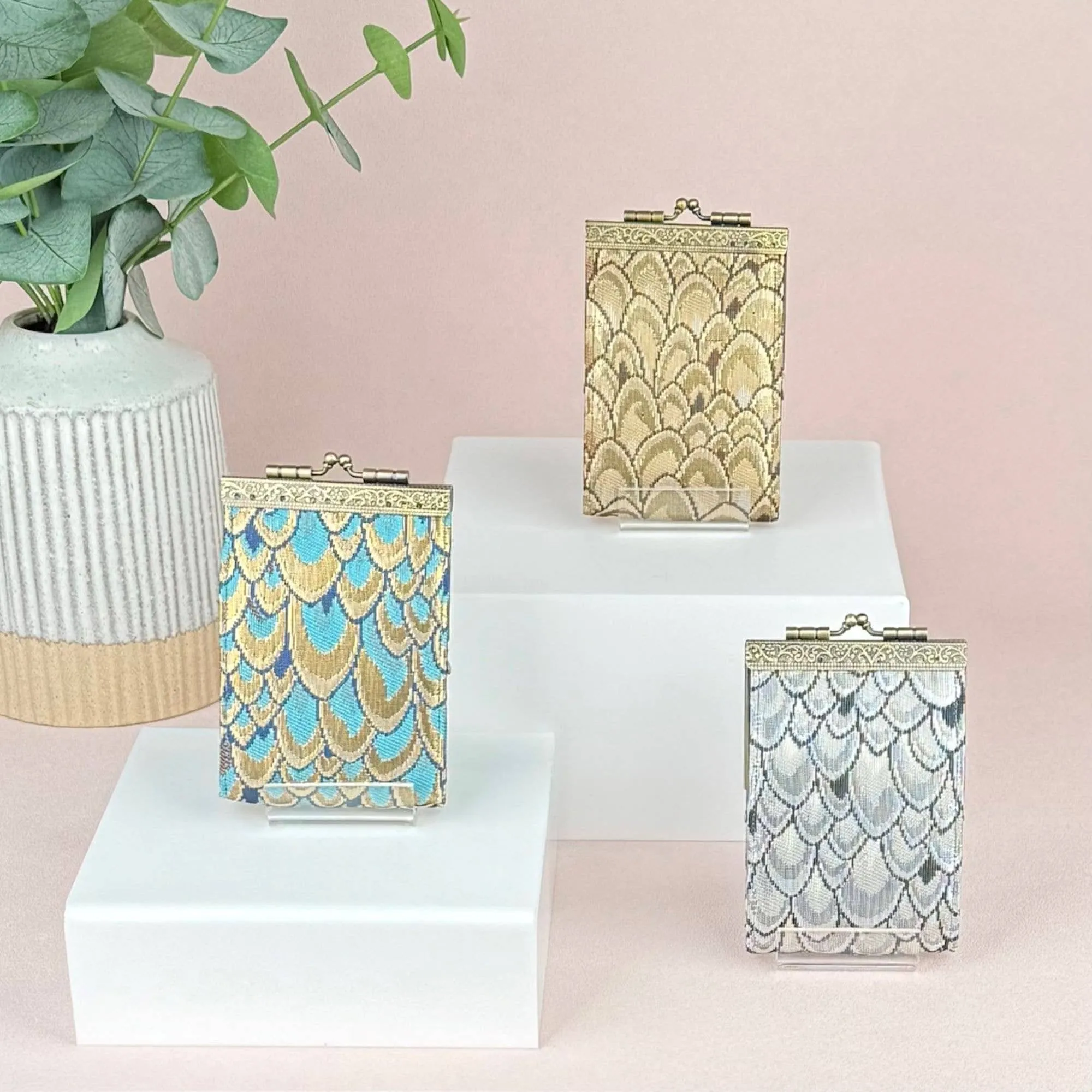 Small Feather Brocade, Card Holders with RFID Protection: Silver & Black