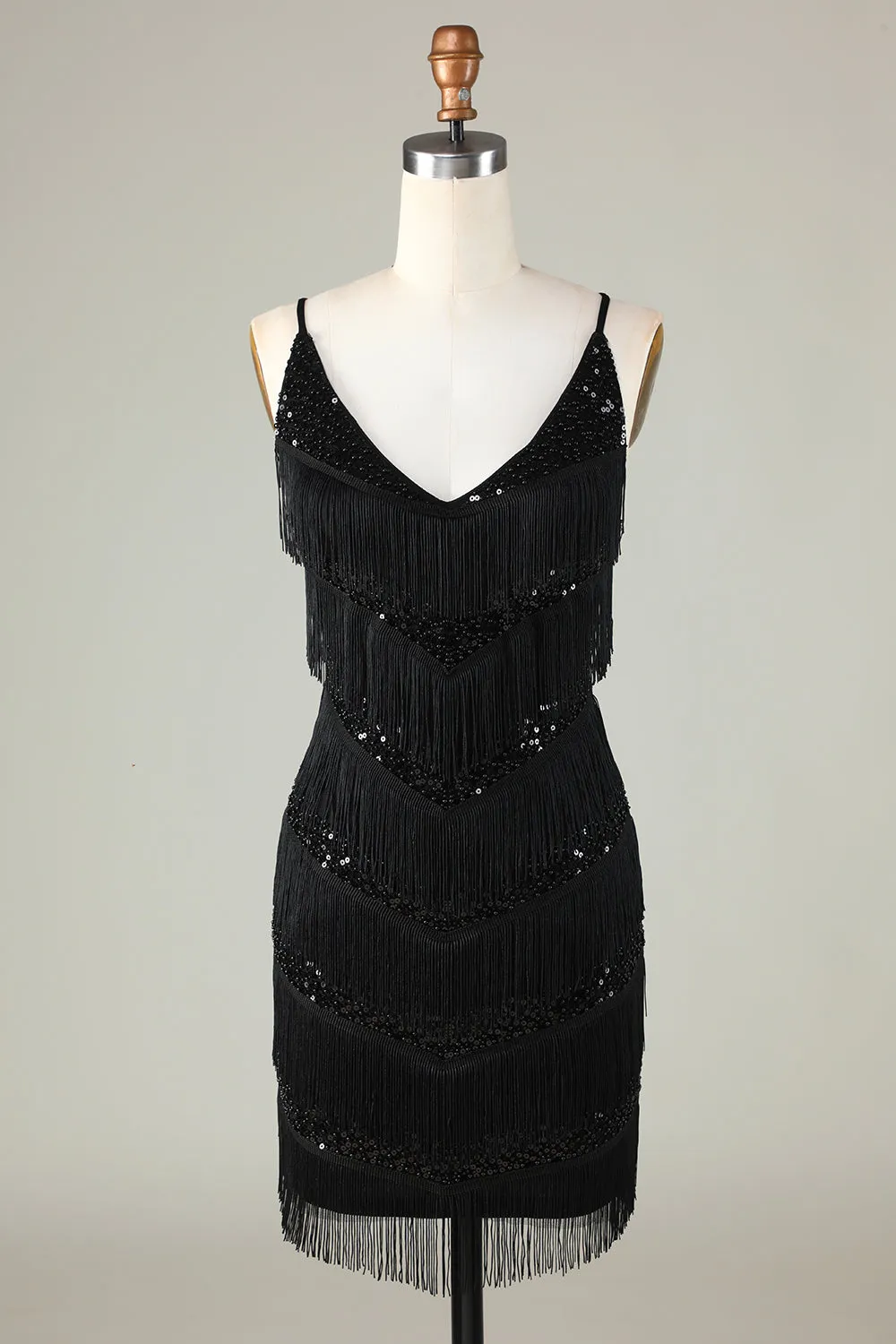 Sparkly Black Sequins Beaded Tight Short Homecoming Dress with Fringes