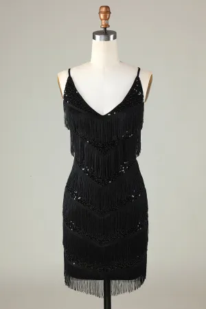 Sparkly Black Sequins Beaded Tight Short Homecoming Dress with Fringes