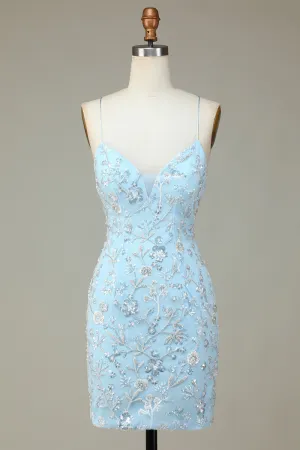Sparkly Blue Sheath Sequins Beaded Flowers Tight Short Homecoming Dress