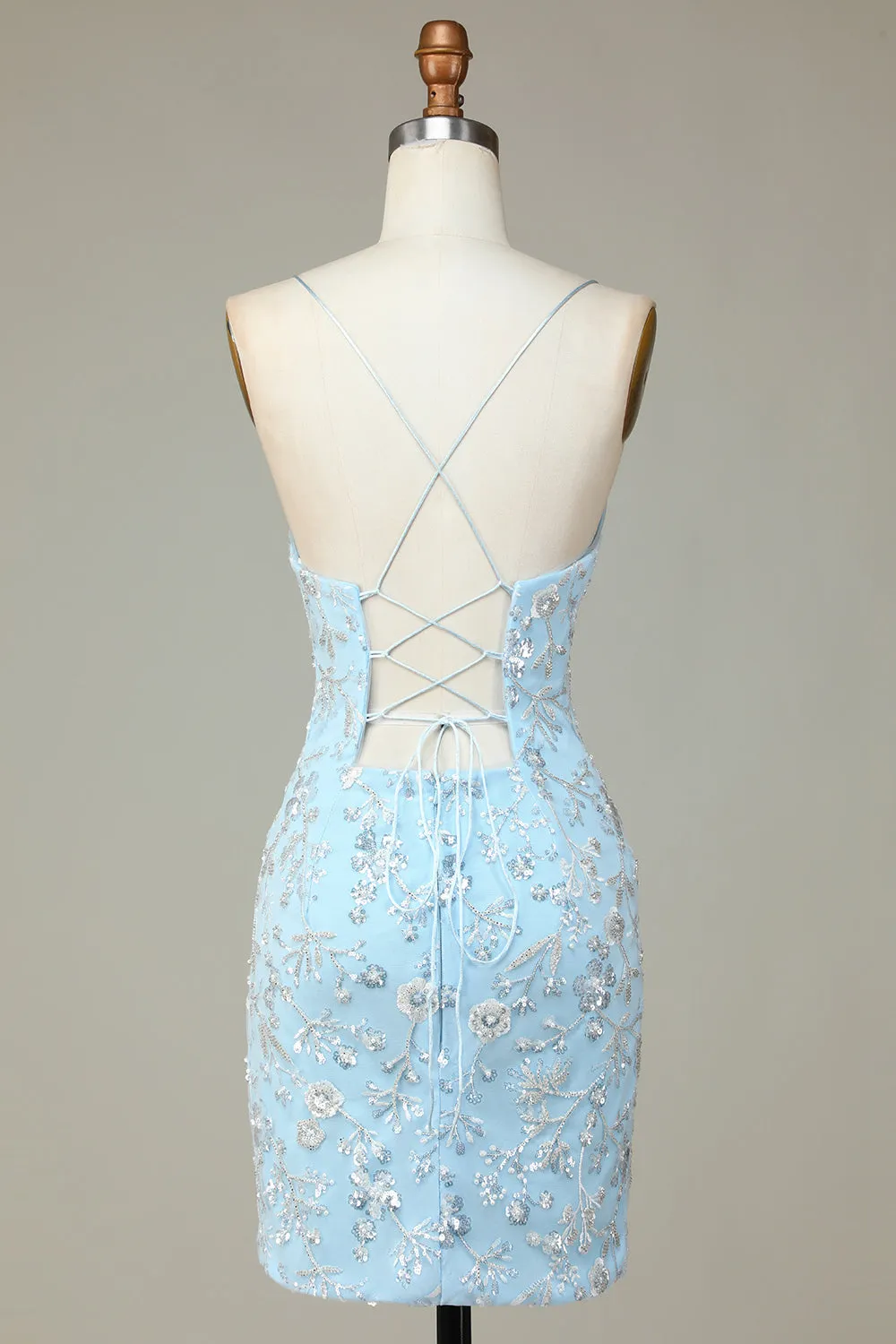 Sparkly Blue Sheath Sequins Beaded Flowers Tight Short Homecoming Dress